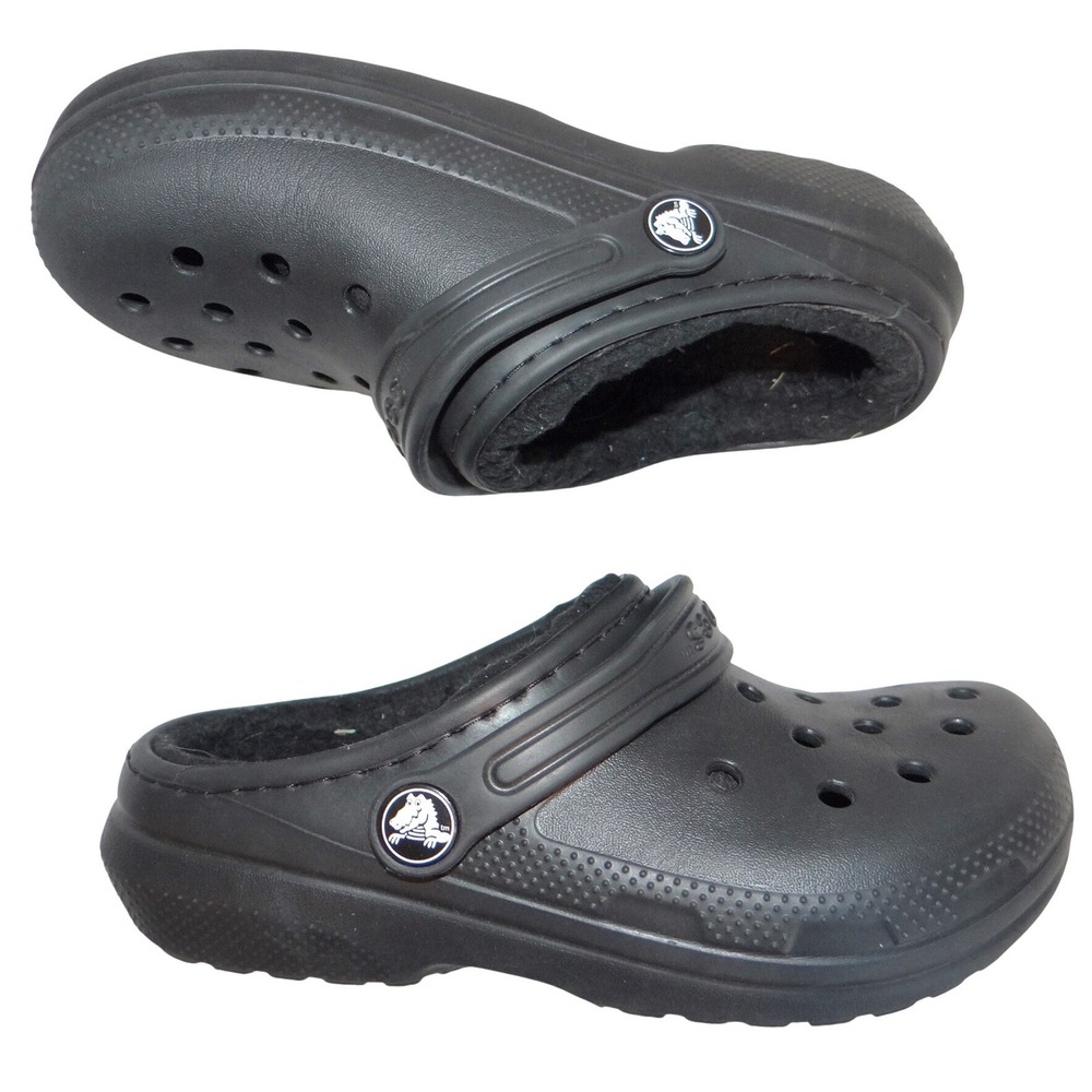 Crocs Kids Classic Lined Clog Black Faux Fur Fuzzy Slip On Shoes Kids Size 13
